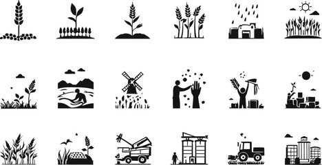 Black and white agriculture icon set showing farming stages from planting to harvest, minimal vector illustration grid