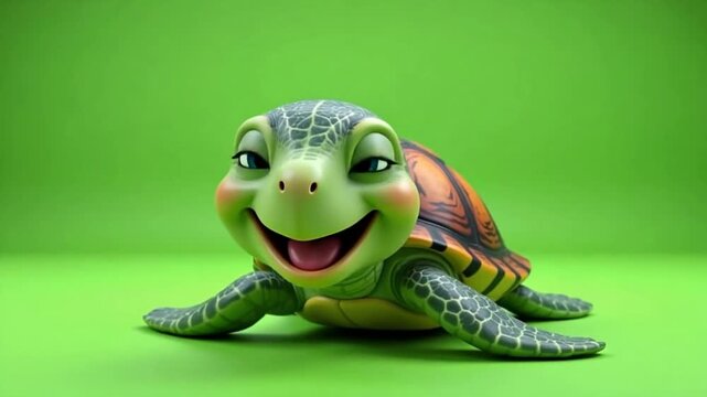 Joyful cartoon turtle with a wide smile on a vibrant green background