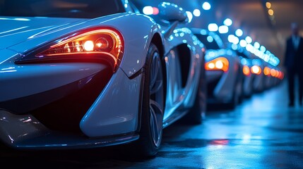 Sleek high-performance cars gleam under blue lights, creating an electrifying vibe in an underground venue