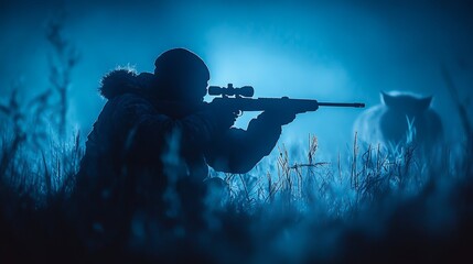 A lone hunter aims in twilight, surrounded by mist and tall grass, evoking calm and focus in nature
