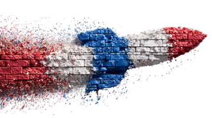 Rocket made of bricks in french flag colors disintegrating isolated on transparent background