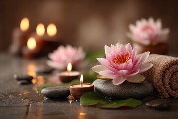 Spa scene with water lilies, candles, stones, and rolled towel create a tranquil ambiance
