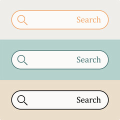 Obraz premium Modern vector illustration of three stylized search bars with magnifying glass icons, featuring orange, teal, and black themes on varied backgrounds. Ideal for UI-UX, web design, and app mockups.