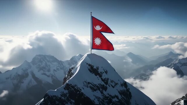 nepal flag waving on majestic himalayan mountain peak