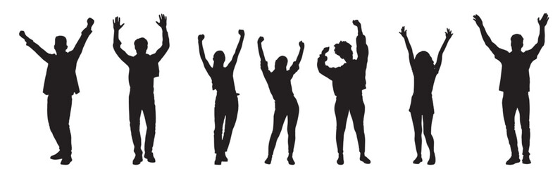 Silhouette of People with Hands Up on White Background.