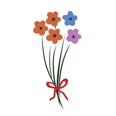 Whimsical Flower Bouquet Illustration: Colorful Floral Bunch with Red Ribbon on transparent Background