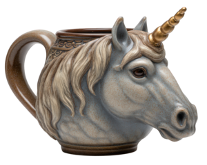 Majestic unicorn mug with gold horn, detailed and mythical fantasy cup for coffee or tea. This ceramic kitchenware has noble and enchanting expression