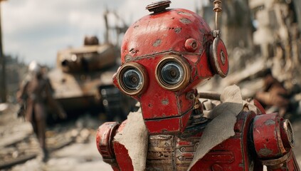 Rusty robot surveys post-apocalyptic battlefield