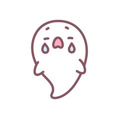 Cute crying ghost icon. Funny little ghost character with tears and sad face. Doodle illustration isolated on white background. Kawaii halloween sticker. Vector 10 EPS.
