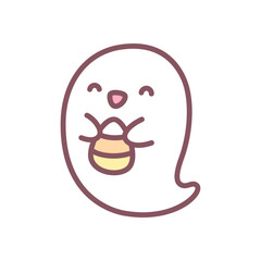 Cute ghost holding corn candy icon. Funny little ghost character with traditions halloween sweets. Doodle illustration isolated on white background. Kawaii sticker. Vector 10 EPS.