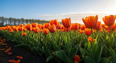 Radiant orange tulips blooming in a field under a clear blue sky
