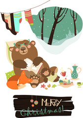 Cute cartoon bear with cub and little fox sleeping in the winter in his den. Vector greeting card