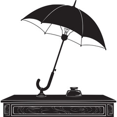 Vector art of an open umbrella with a light bulb inside, protecting an inkwell on a desk, symbolizing ideas, protection, and creativity in a black and white silhouette