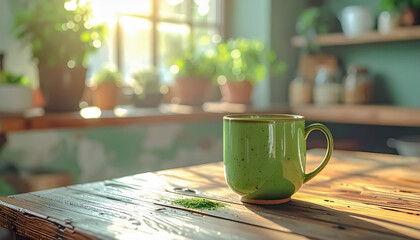 Glossy Matcha Green Ceramic Mug on Rustic Wooden Table Lifestyle Aesthetic