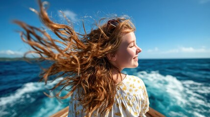 A smiling young girl with flowing hair enjoys the ocean breeze on a boat, embodying a sense of freedom and joy amidst the vibrant blue sea and sky.