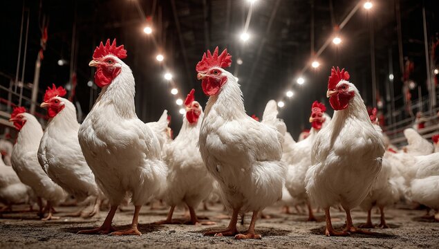 a group of chickens, all white in color with red combs and tails fanned out behind them, standing on the floor inside an indoor factory farm building. the scene is illuminated by bright lights from ab