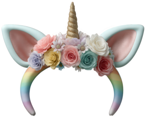 Cute magical unicorn headband accessory with golden horn, ears, and crown of colorful pastel flowers. This rainbow fashion item for girl creates fun and whimsical feeling