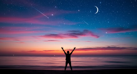 Silhouette of a person with arms raised under a starry sky at twilight by the sea