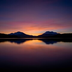 Sunset and sunrise over peaceful lake with mountains