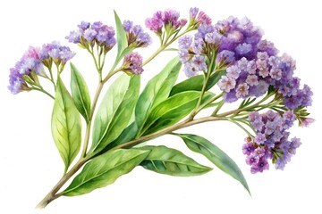 Fototapeta premium Watercolor Painting of Purple Statice Flowers with Green Leaves on White Background