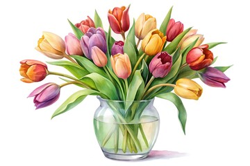 Watercolor Tulip Bouquet in Glass Vase Vibrant Floral Arrangement for Spring