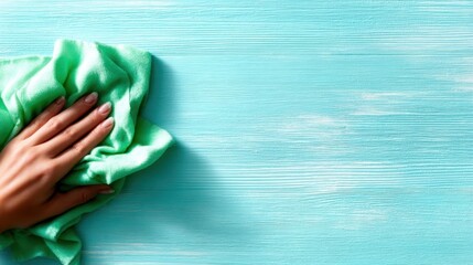 A close-up of a hand using a vibrant turquoise cloth to clean a textured surface, symbolizing care, cleanliness, and attention to detail in everyday life.