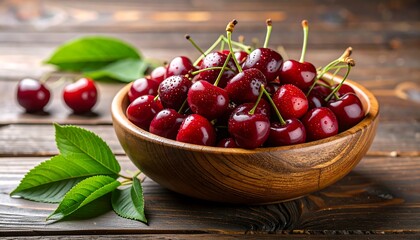 Fresh cherries in a wooden bowl