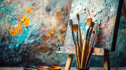 Obraz premium Vibrant Art Supplies with Brushes and Palette on an Easel