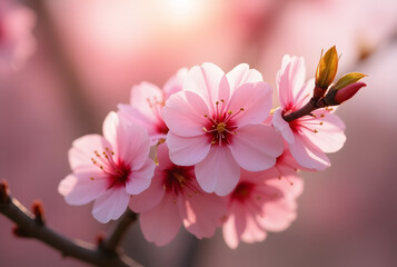 Fototapeta premium Pink cherry blossoms in sunlight