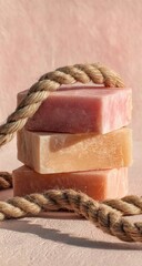 Artisan soaps stacked, rope tied, pink background, sunlight