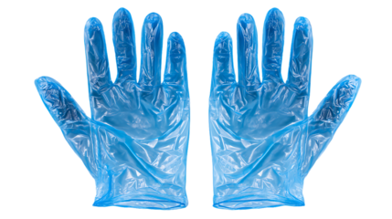 Pair of blue disposable vinyl gloves isolated on transparent background