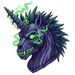 Illustration of a zombie unicorn with green smoke isolated on white background