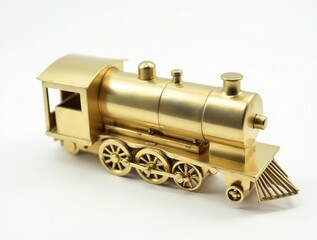 Golden toy train model standing on white background