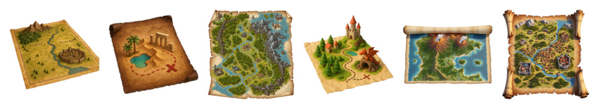 Fantasy adventure map set including desert, forest, mountain, and volcano landscapes isolated. Game design and storytelling elements.