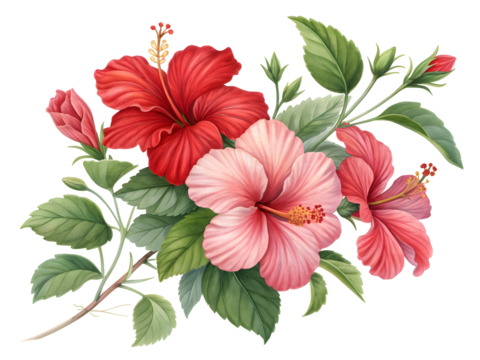 Detailed Oil Painting of Vibrant Red and Pink Hibiscus Flowers with Lush Green Leaves on Black Background isolated on a transparent background
