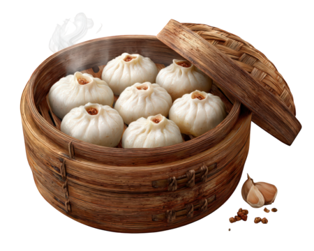 Delicious dim sum dumplings in traditional bamboo steamer basket. Appetizing Chinese cuisine, savory Asian food appetizer with garlic on an isolated background - Powered by Adobe