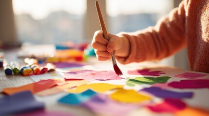 Naklejka premium Child Painting With Colorful Brush On Paper In Bright Sunlight. Creative Expression Through Art And Color