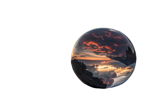 Dramatic Sunset Landscape Reflected in a Glass Sphere isolated on a transparent background - Powered by Adobe