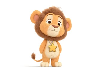 A lion cub standing proudly with a golden star badge pinned to its chest, best student award, 3d animation, isolated on a white background