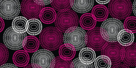 African fabric pattern, African design in Magenta,  white flower circle, bohemian seamless fabric style, Chitenge fabric made from Dutch wax, flower motif, Ankara, beautiful black background.