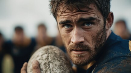 Rugby Player Holding Ball With Intense Focus During Match. Determination And Teamwork In Sports