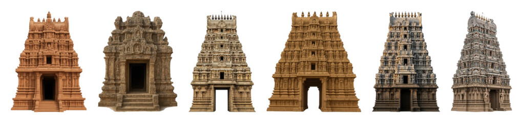 Fototapeta premium Indian temple gopuram set including six distinct carved stone structures isolated. Cultural, architectural, and historical heritage.