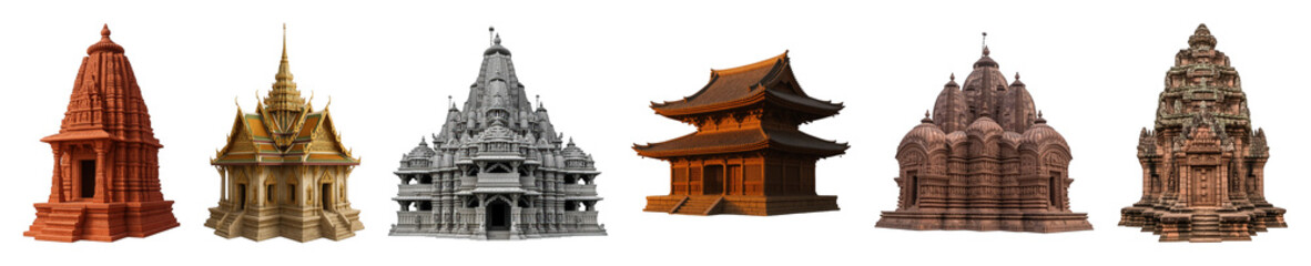 Fototapeta premium Ancient temple set including various Indian and Asian styles isolated. Cultural and spiritual architecture collection.