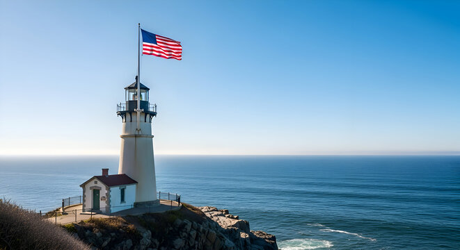 American flag waves atop the Pemaquid Point Light in Bristol, Maine, on a clear day, symbolizing patriotism and coastal beauty. - Powered by Adobe