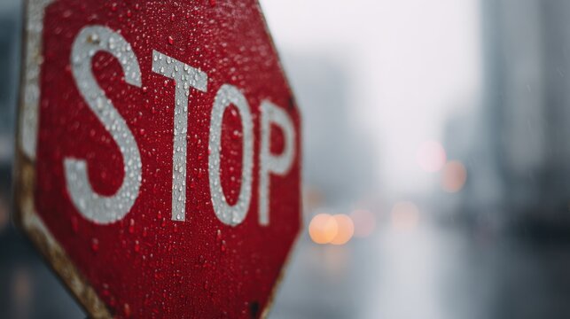 Close-Up Of A Wet Stop Sign On A Rainy Day In Urban Setting. Symbol Of Caution And Safety In Inclement Weather