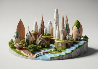 Imaginary futuristic eco city design with biophilic architecture model