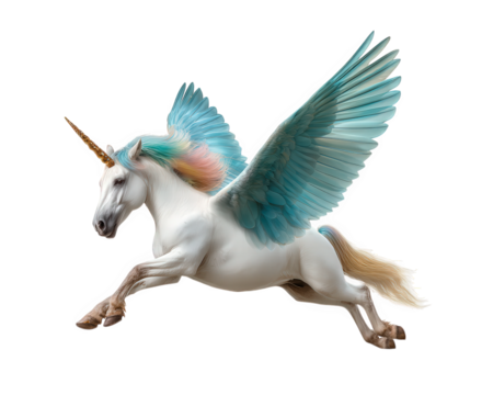 Majestic white flying unicorn, magical fantasy creature with beautiful blue wings. This mythical horse soars with grace, an isolated element perfect for creative design
