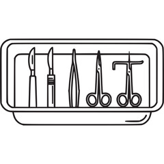 Surgical instruments in tray isolated on white background scalpel, forceps, scissors, and other medical tools arranged neatly in a container, ready for a surgical procedure in a hospital or clinic