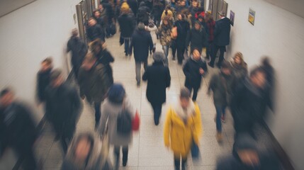Crowded Subway Station Corridor With Blurred Motion Of Commuters. Urban Hustle And Bustle