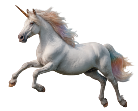 Magical white unicorn with rainbow mane running freely. Whimsical fantasy horse and mythical creature galloping with powerful, joyful grace in isolation